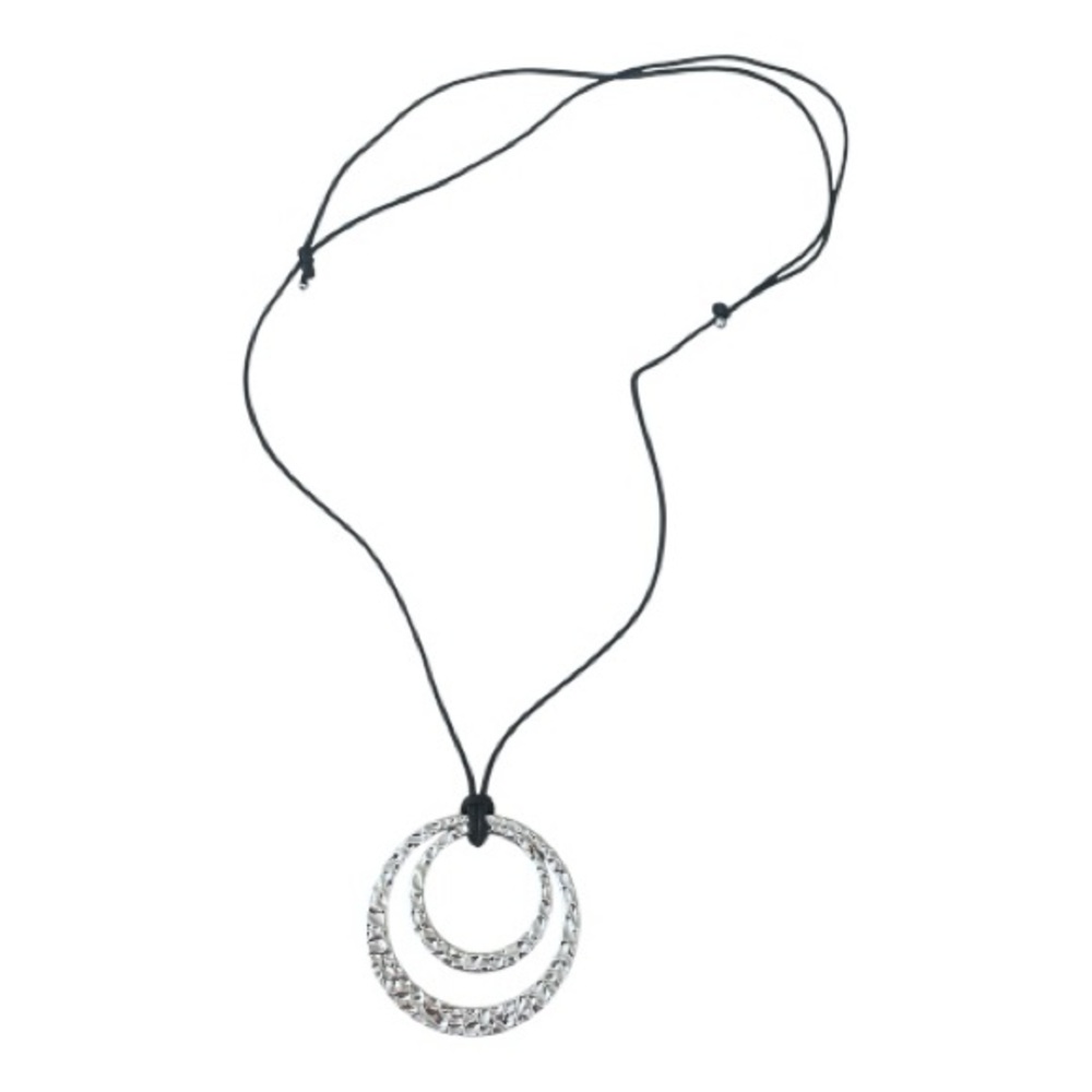 Avon Retro Silver Hammered Circle Pendant Necklace Adjustable Cord EUC